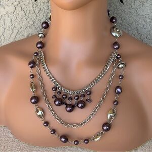 Bold Silver & Plum Triple Stranded Statement Necklace